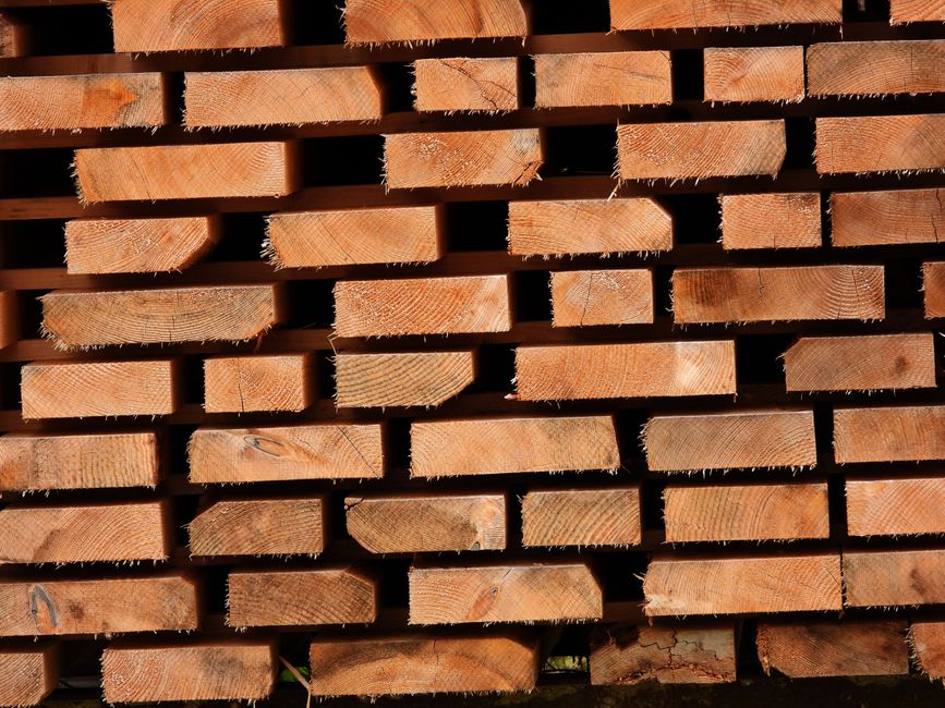 Neatly stacked kiln-dried lumber ends in sunlight